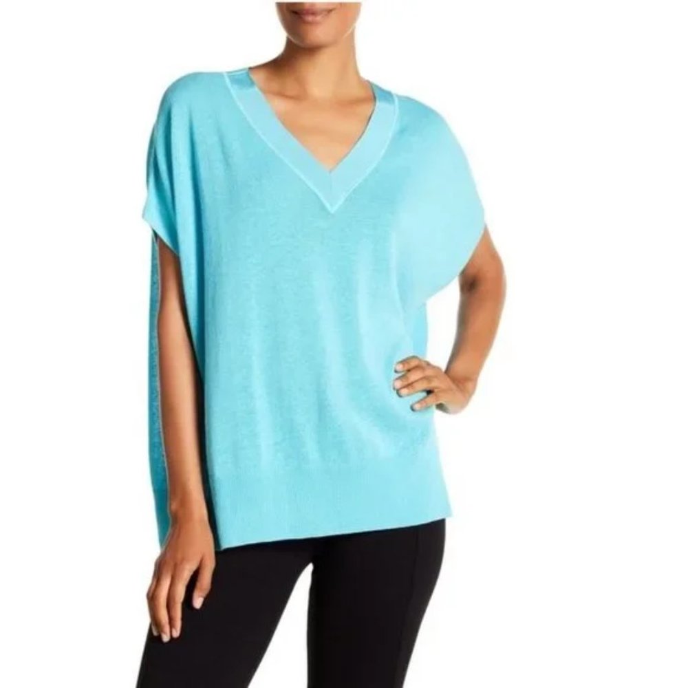 Joan Vass V-Neck Short Sleeve Linen Blend Sweater